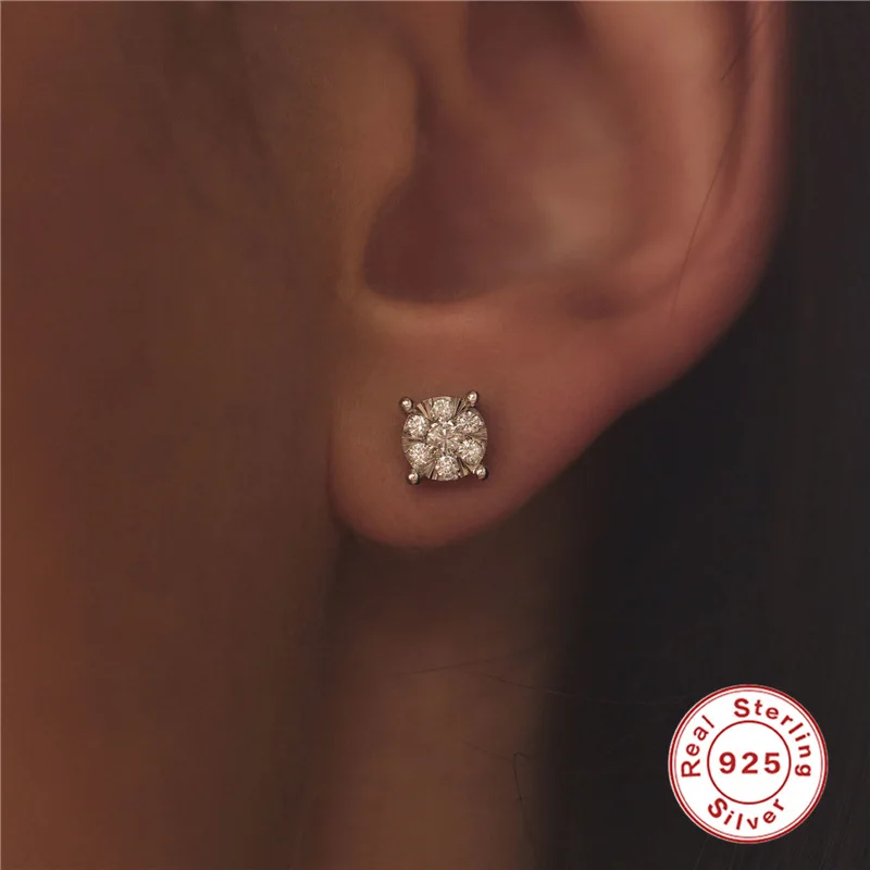 Fashion Sterling Silver Earrings Custom 3AAA Cubic Zirconia Stud Earrings Ladies Party Geometric Square Zircon Stud Earrings