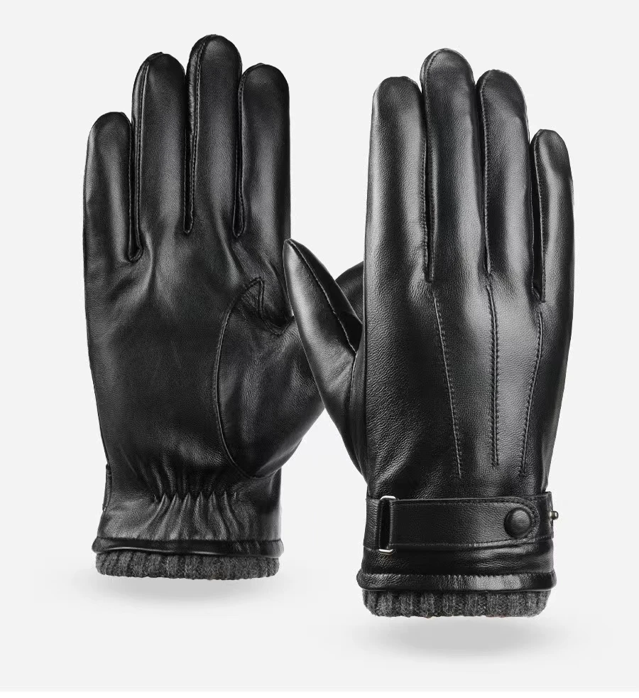 Leather gloves and fleece thickened touch screen warm gloves for men outdoor cycling windproof and skidproof winter driving