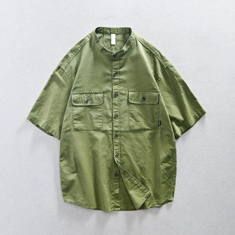 2023 Fall boys Cotton Linen Short Sleeve Shirt Standing Collar Half Sleeve Street Oversized White black Shirts for MEN