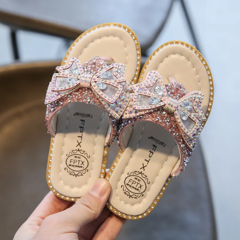  Fashion princess rhinestones sequins bow knot sandals summer outdoor girls kids non-slip flip flops