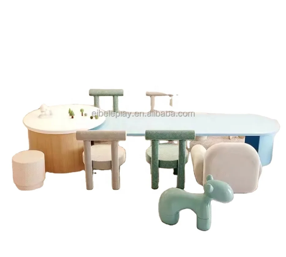 Kindergarten Daycare Library Multi Function Solid Wood Kids Furniture Children Learning Writing Table and Chairs