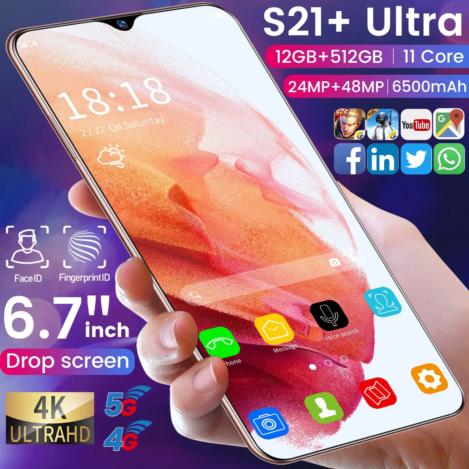  2022 Лидер продаж! 6 7 дюймовый смартфон Высокое качество S21 + Ультра 6800 мАч Мобильный phones4G 5G 12 Гб 512 ГБ оригинальные разблокированные телефоны Android