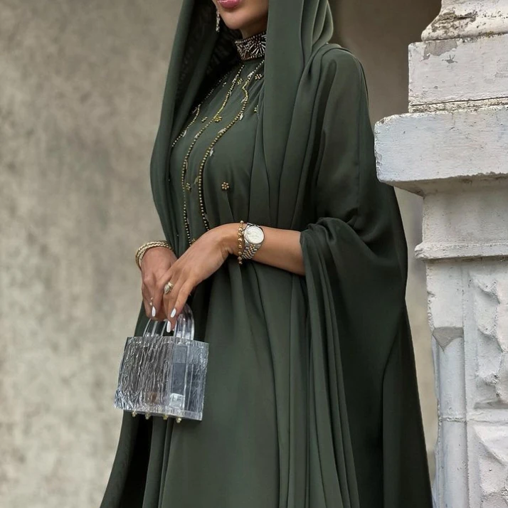 dubai dress wholesale green Ramadan EID floral Beaded embroidery high quality long gown evening women fashion dress 2023