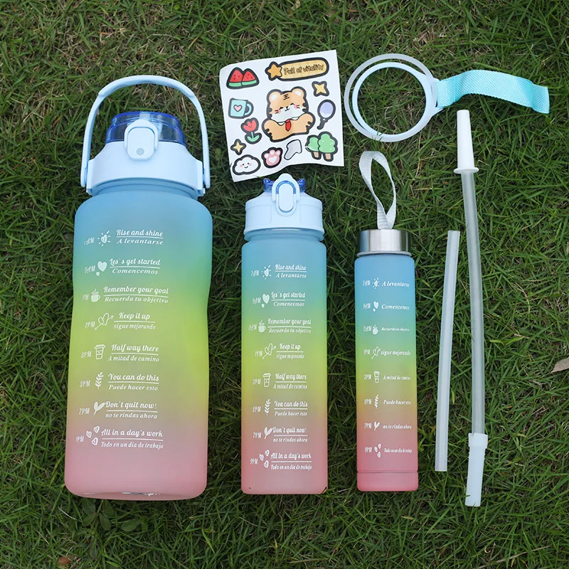 Gradient Frosted Leakproof 3pcs 1 Set Reusable Plastic Water Bottle With 3D Stickers Gym Cyclin