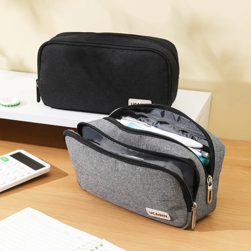 Simplistic Large Capacity Double Section Pencil Case  for Students Makeup Bag Japanese Stationery