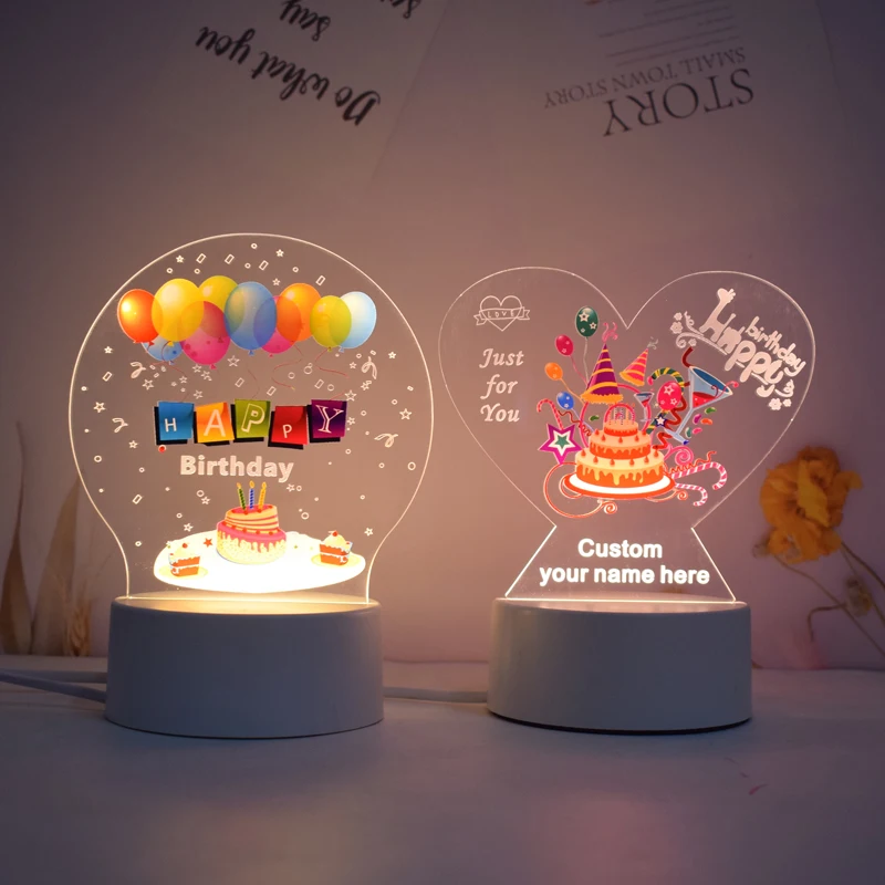 3D Illusion Night Lights LED Happy Birthday Night Lights 7-colors Adjustable Birthday Cake Table Lamp Bedroom Acrylic USB Cable