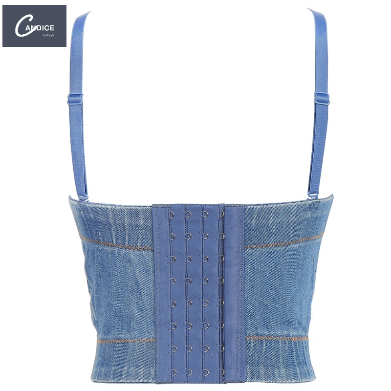 Candice beaded shaping celebrity fashion outerwear stage costumes padded camisole denim rhinestone corset top