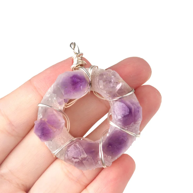 Natural Quartz Amethyst Cluster Donut Shape Raw Stone Resin Base Wire Wrap Design Pendants & Charms Necklace Jewelry Accessory