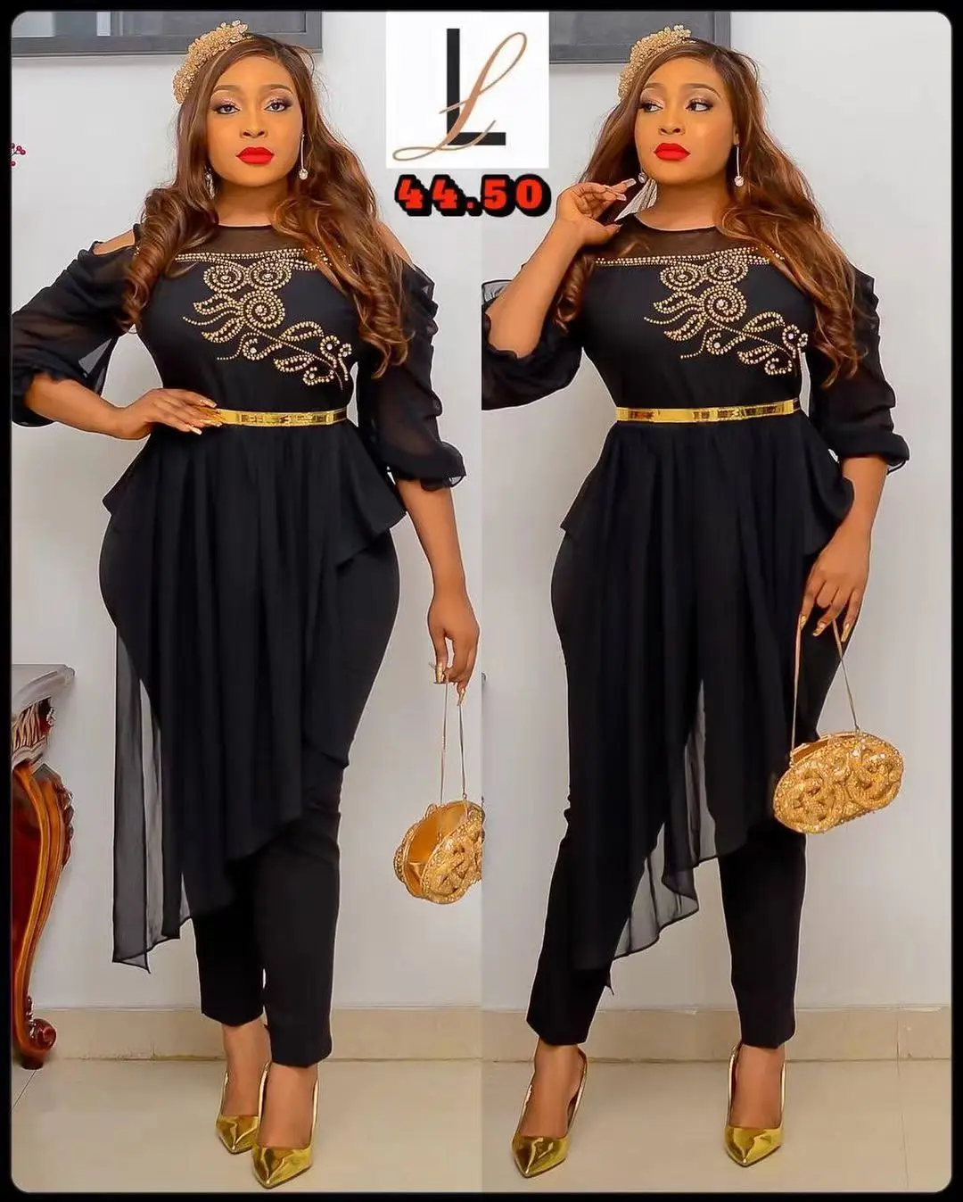 high quality african chiffon fabrics ethnic clothing dashiki hot drill stitched chiffon top straight leg trousers two piece set