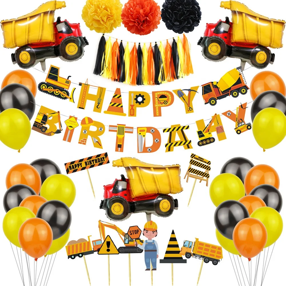 
 RUI YI Kids Banner Cupcake Latex Foil Construction Vehicle Truck Engineering Car Party Decorations Cake Topper Birthday Balloons  