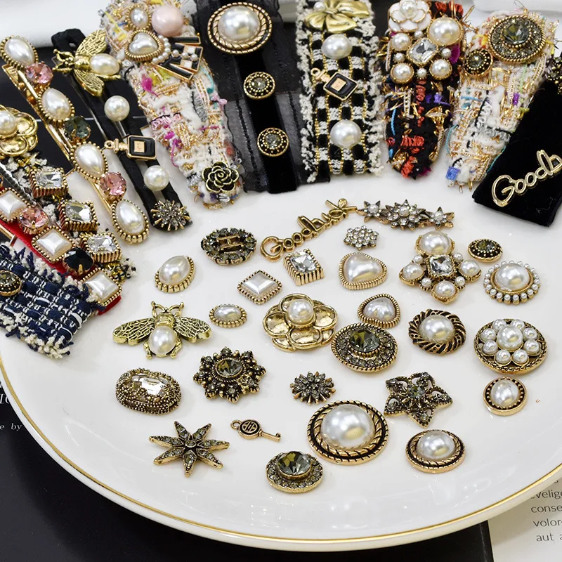 Antique gold Alloy accessories Bow diy Handmade materials small fresh diamond set pearl diamond button