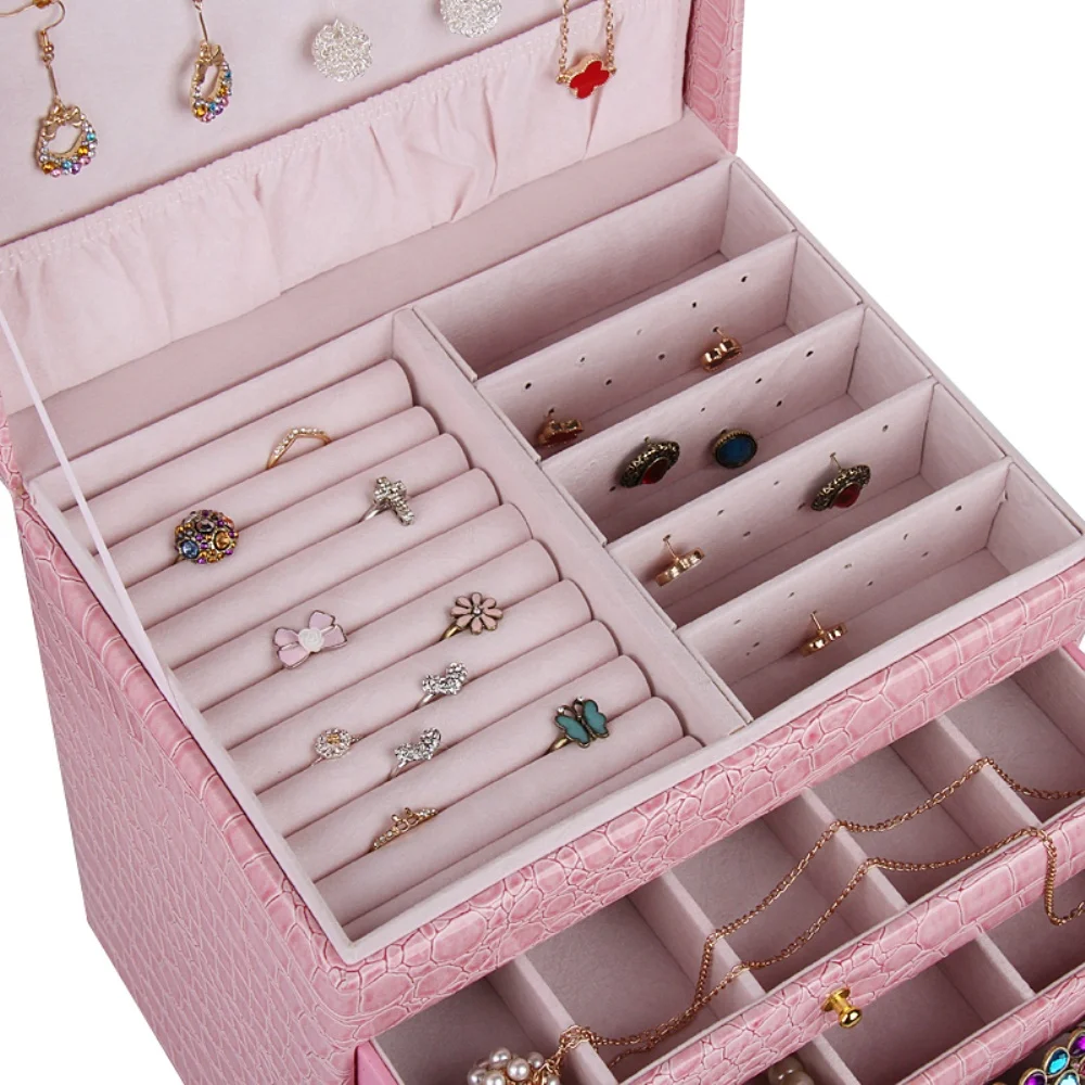 Wholesale Custom Logo Large Capacity Crocodile Print Pink Crocodile Print Faux Leather, multi-drawer jewellery storage box