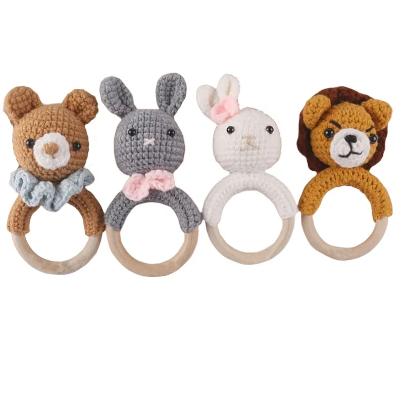 Personalized Baby Rattle With Grip Ring Crochet Animal Rattle Elephant Hippo Crochet Rattle Toy With Wood Ring