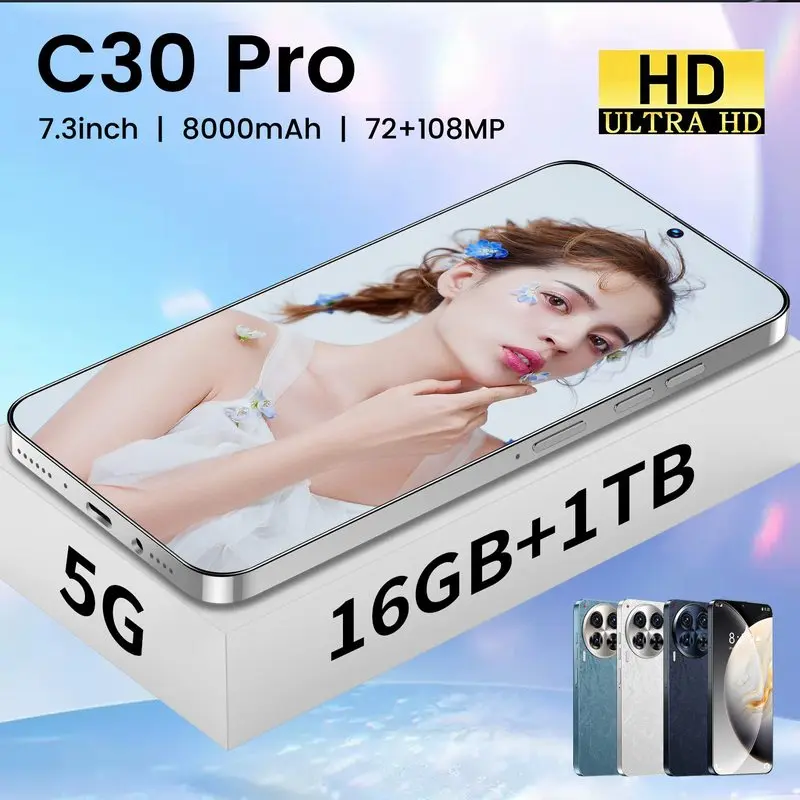 Смартфон C30 Pro для мобильного телефона Android 16 ГБ + 1 ТБ 7 3 дюймов разблокировка лица двойная карта мобильный телефон с двойным режимом ожидания