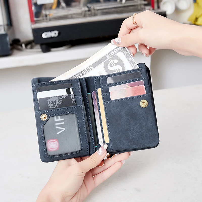 Small PU Leather Women Short Wallet Portable Card Holder With Zipper Coin Pocket With Wrist Strap Multiple Card Slots Wallet