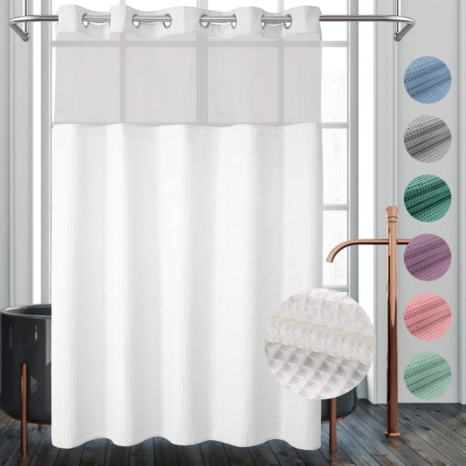 Wholesale Hotel Machine Washable Cotton Blend Waterproof Hookless Mildew Proof Bathroom Waffle Weave Shower Curtain