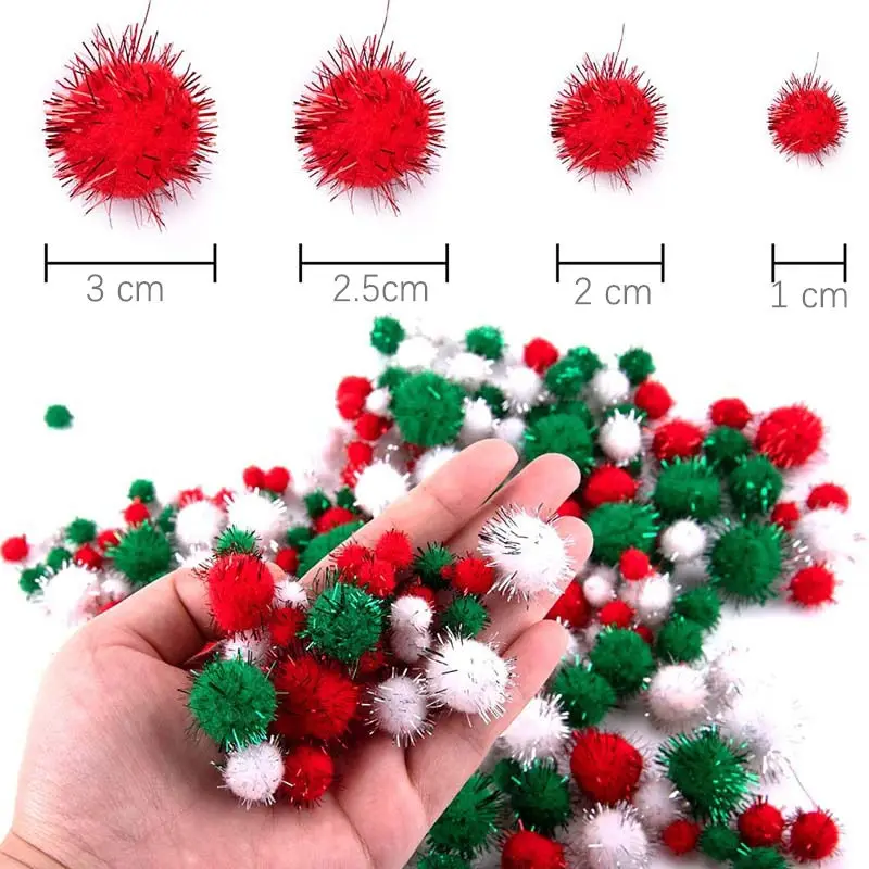 2022 Christmas PomPoms Glitter Fluffy Pompoms Balls for DIY Craft School Craft Project Decorations Red Green White