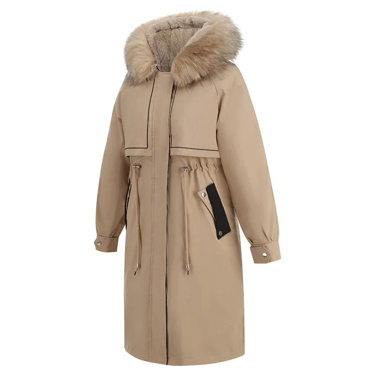 Winter warm zipper wool collared drawstring casual lady long jacket solid hooded velvet coats women
