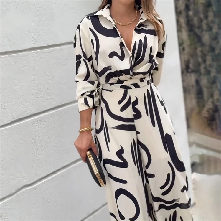Latest fashion one piece women fall clothing 2024 trendy printed long sleeve wide leg jumpsuit women casual loose romper
