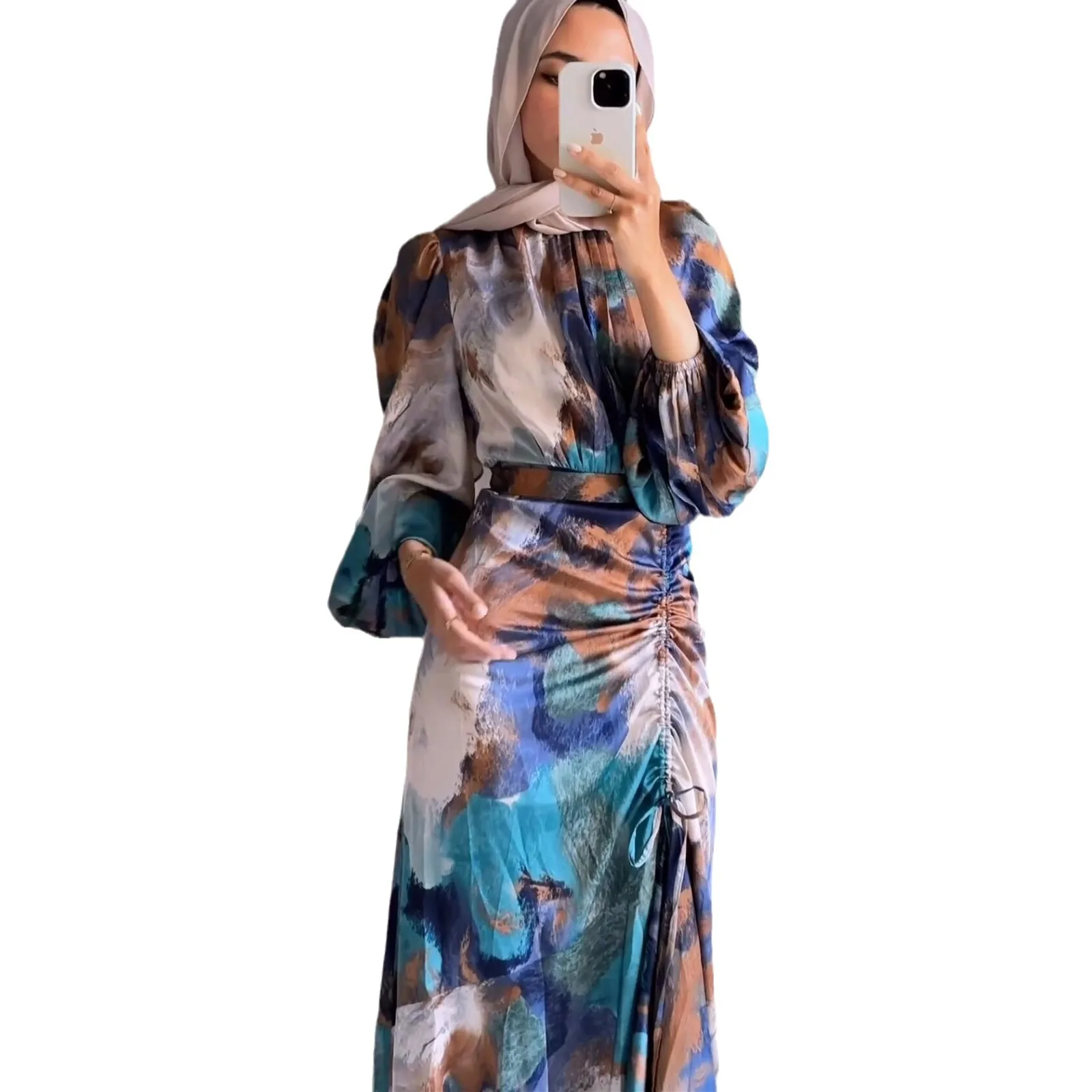 2024 New Arrival Middle East Arab Eid Graffiti Bubble Sleeve Lace-up Long Abaya Dubai Islamic Clothing Muslim Dresses For Women