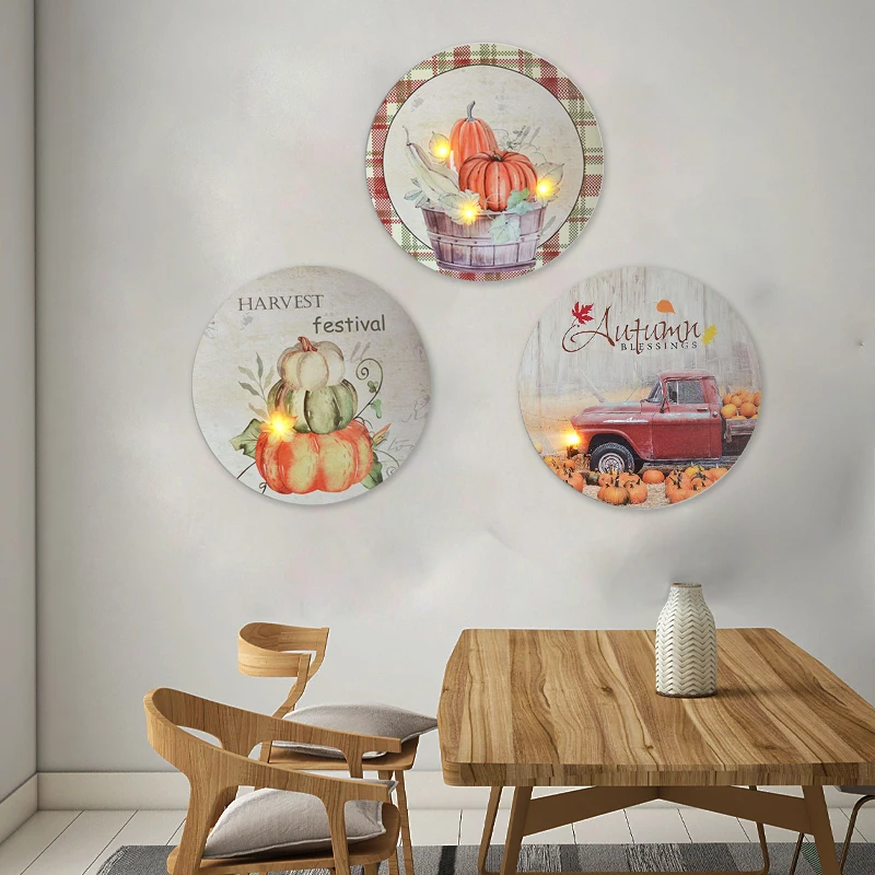 Autumn Halloween Square 3D Pumpkin Canvas Wall Art Lighted LED Painting with Metal Frame for Wedding Home Decor Panel Technique