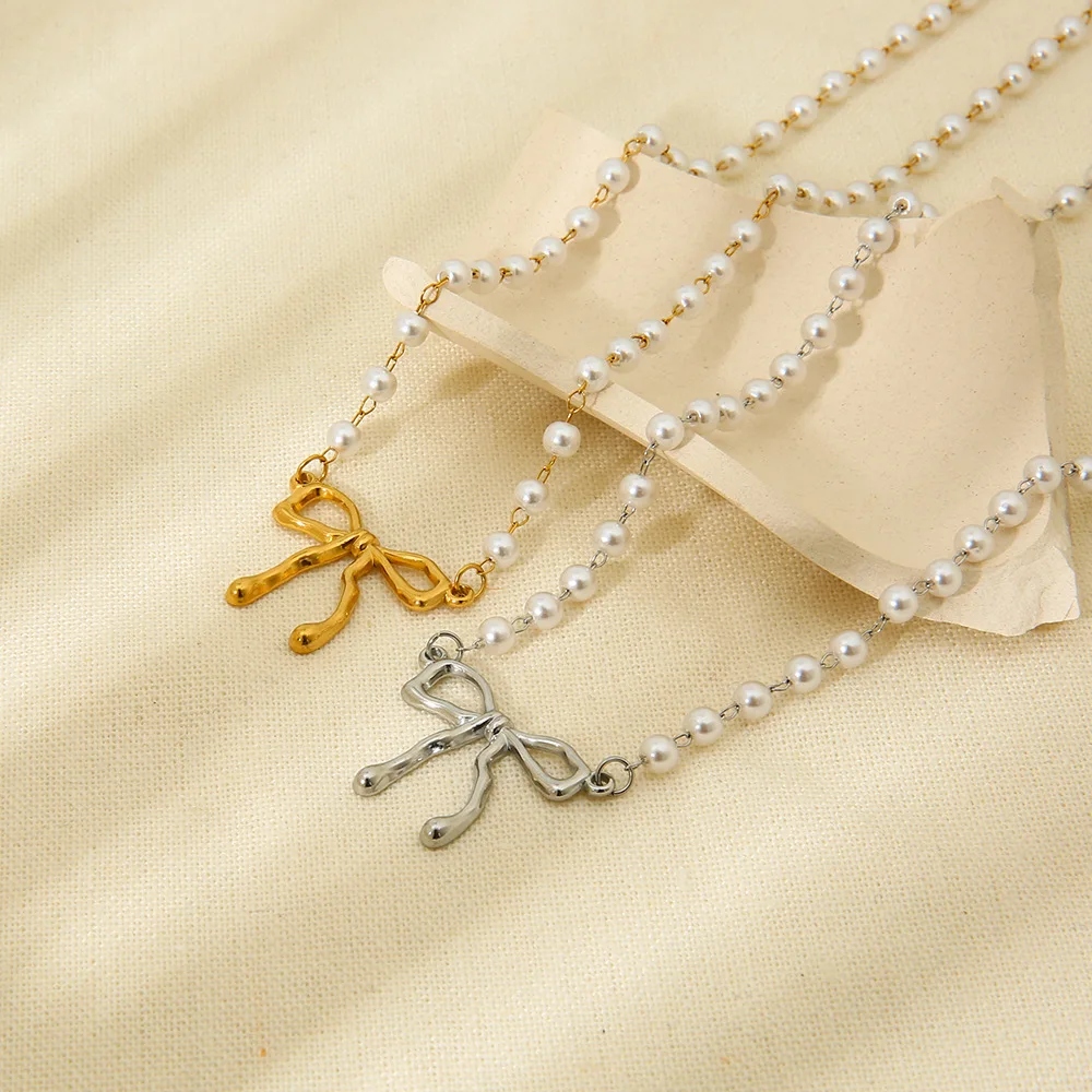 Nice Design Metal bowknot Charms Pearl Chain Ribbon Bow Pendant Necklace