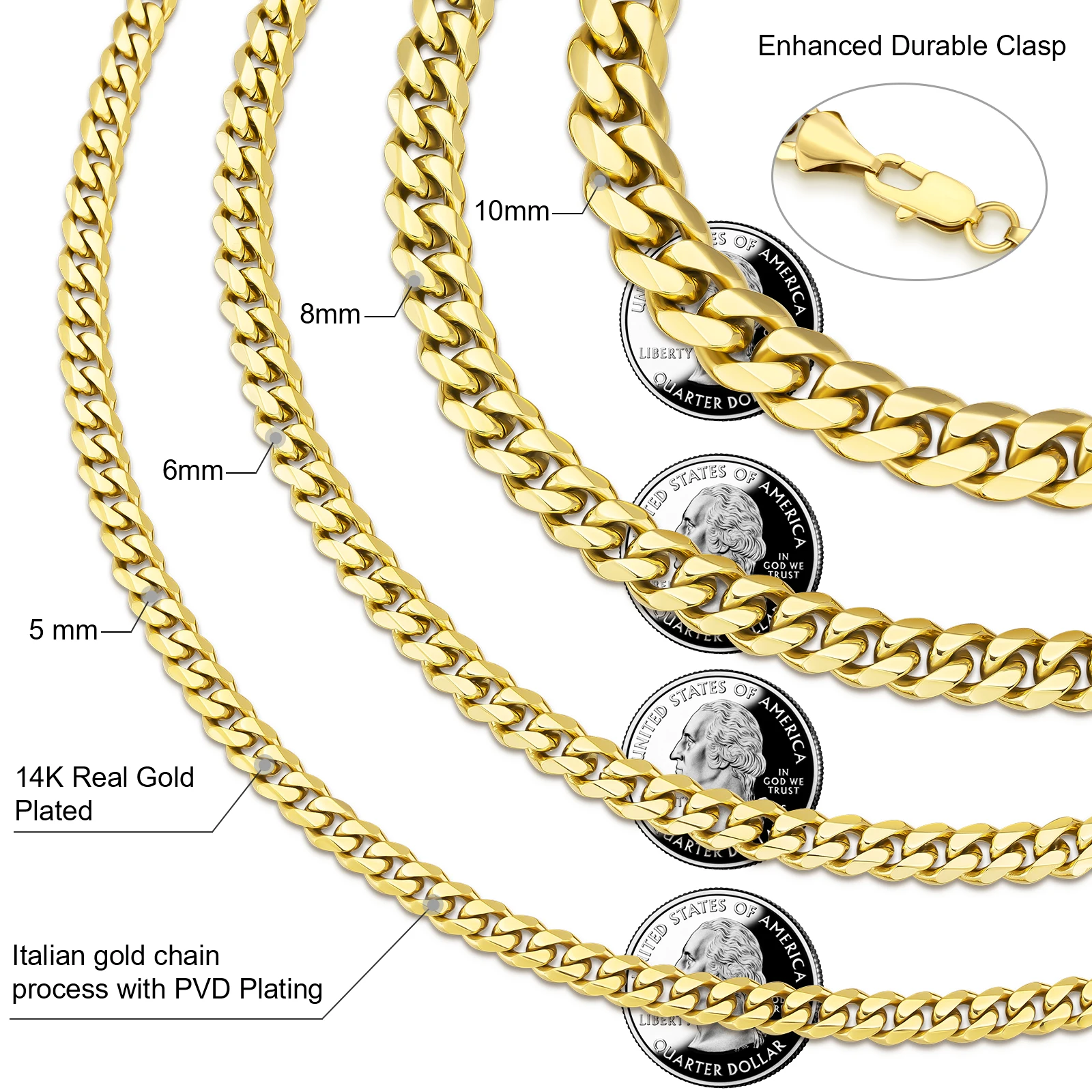 Diamond Cut Miami Cuban 14K Real Gold Plated Necklace Jewelry 5mm 10mm Stainless Steel Curb Cuban Link Chain for Men Women