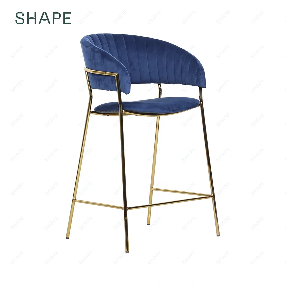 velvet barstool modern stripes style with Golden chromed  4 metal legs stool high bar chairs