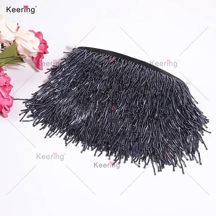 Keering Hot-selling 10-13cm In Stock Colorful Decorative Beaded Fringe Trimming Orange Beaded Trimmings For Sewing