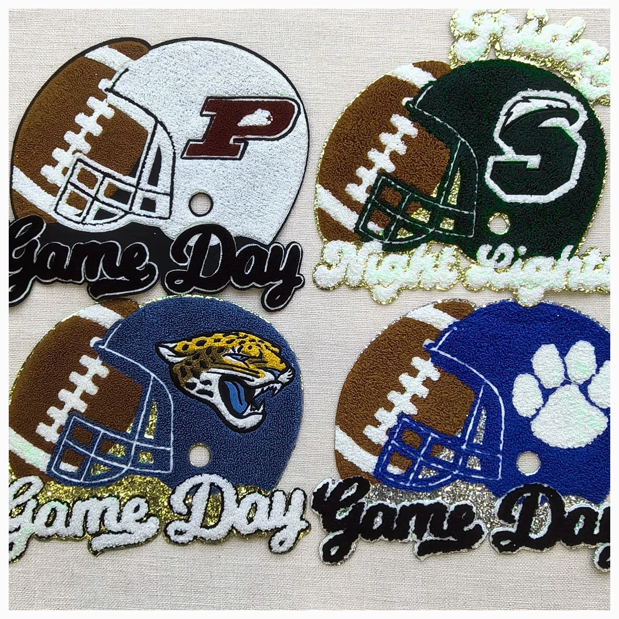 Custom large chenille letter iron on mascot animal leopard patches chenille towel embroidery game day  patches  for clothing