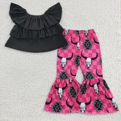 New Arrival Black Ruffles Off Shoulder Casual Tunic Fashion Cow Skull Aztec Hot Pink Bell-pants RTS Baby Girls Outfits
