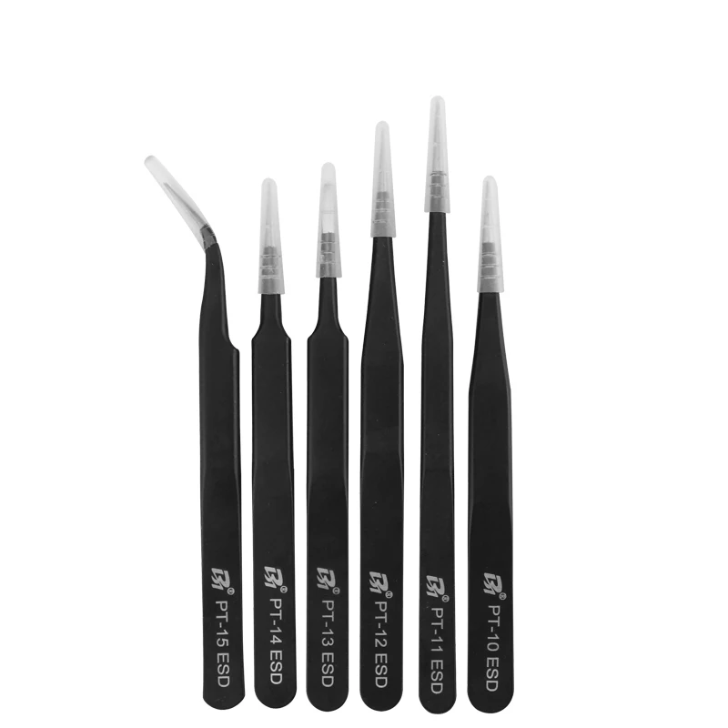 Industrial Grade Black Esd Stainless Steel Antistatic Tweezers For Electronics Pcb And Mobile Phone Maintenance