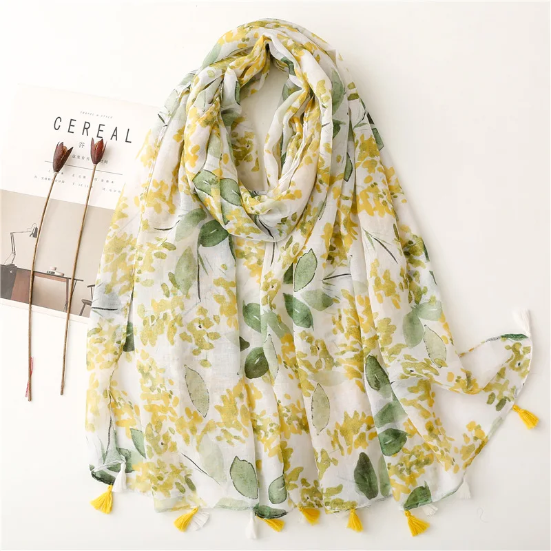 Bestella Hot Selling Floral Printed Viscose Warm Shawl High Quality Solid Pattern Muslim Hijab with Fringe for Women Popular