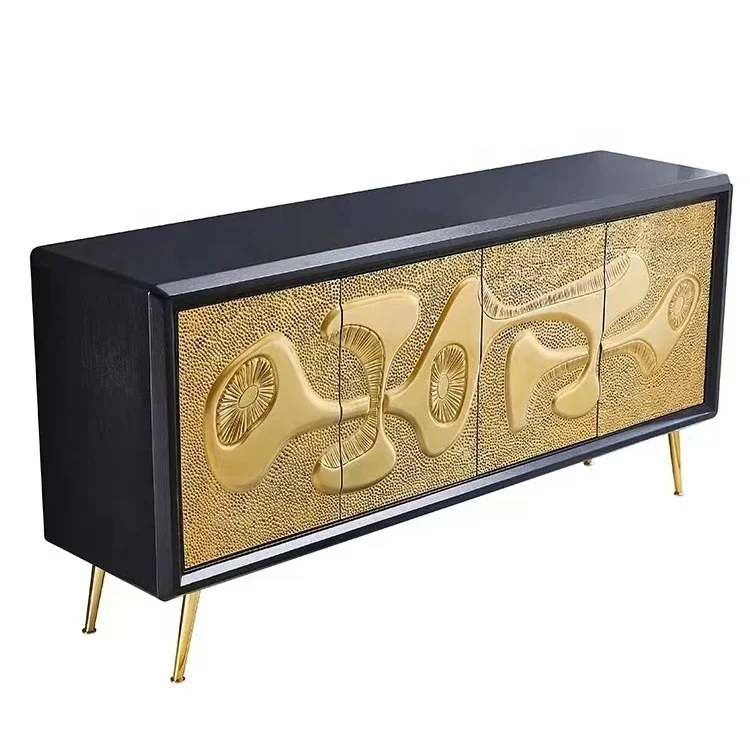 Jonathan Adler Luxury Credenza Cabinet Metal Legs Textured Brass Doors Wooden Sideboard Living Room Furniture