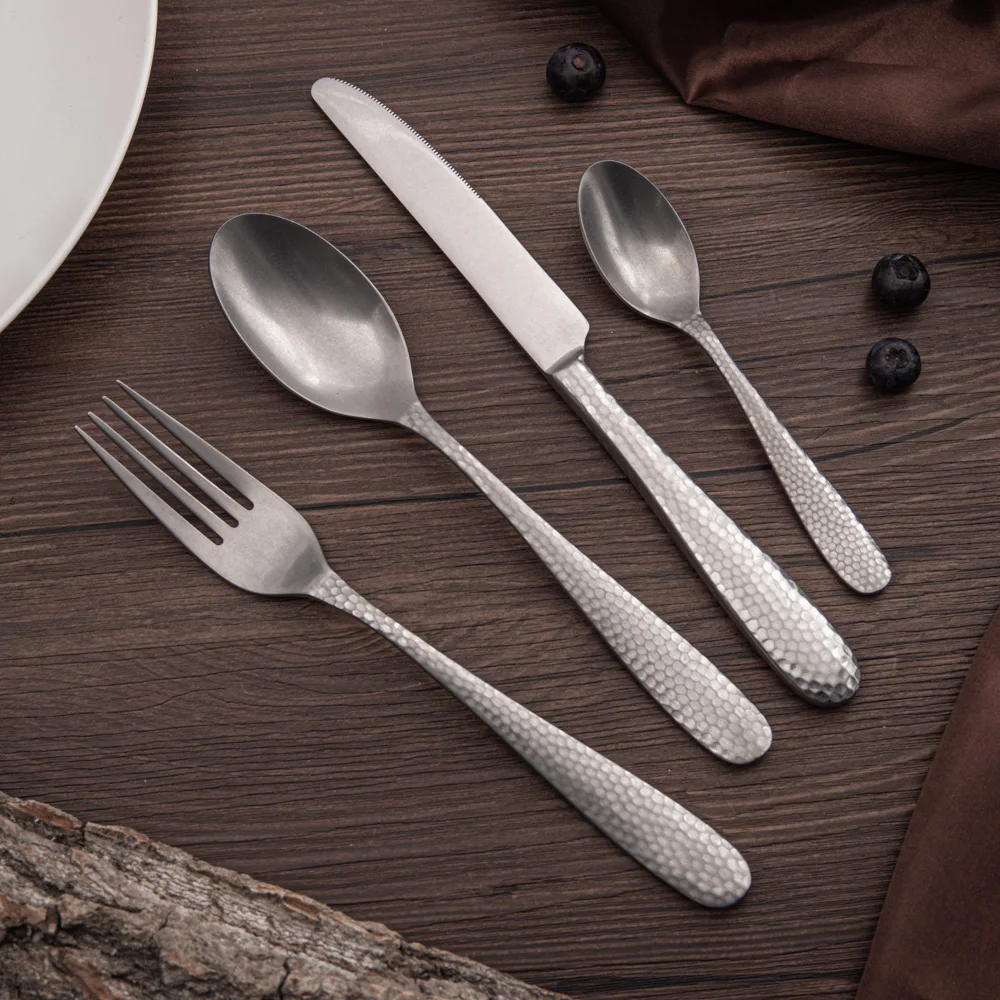 China made bulk custom logo vintage stainless steel flatware antique pewter color hotel grade cutlery set product