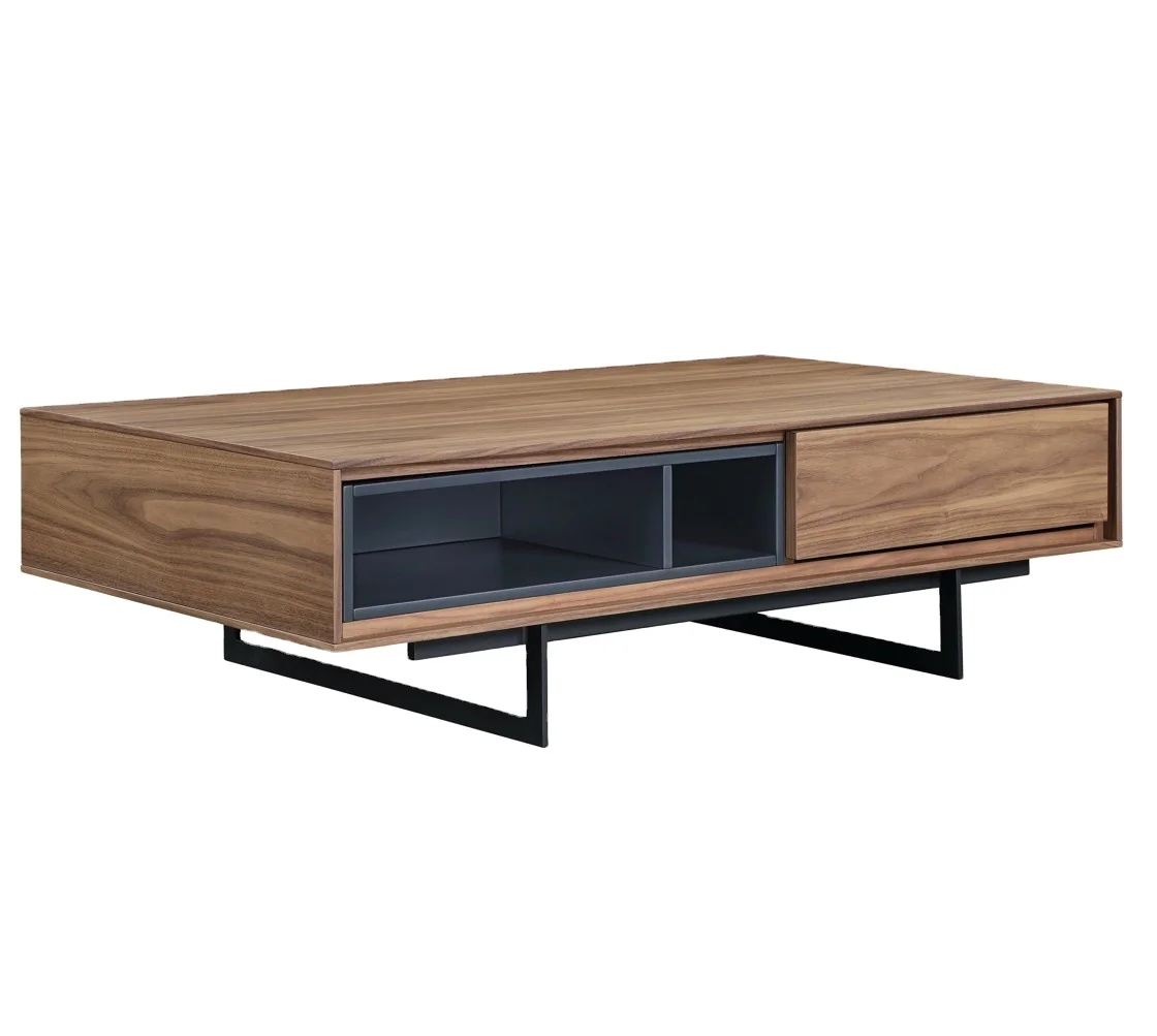 Contemporary design living room furniture rectangular walnut veneered MDF wood with metal base coffee table