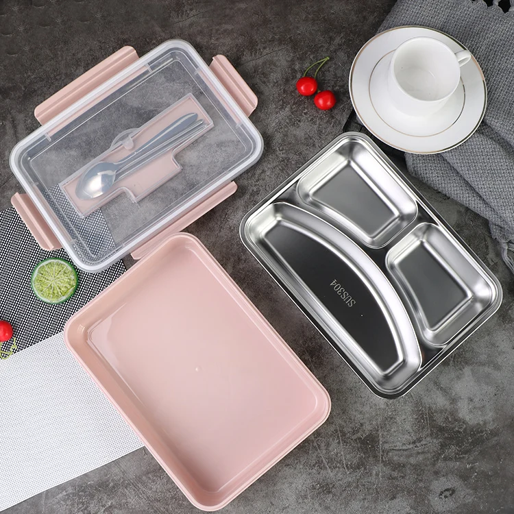 3 4 compartments food container 304 stainless steel metal bento lunch box with cutlery