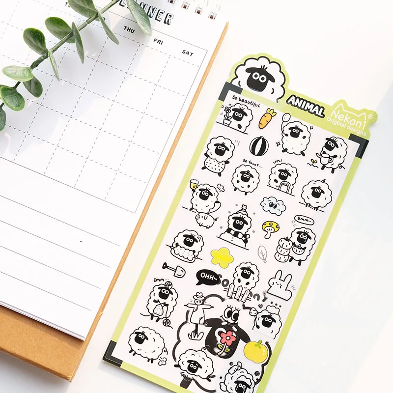 Nekoni Original Designs Animal Stickers Sheet Waterproof Stickers Sheep Panda Dog Bear PVC Decals Vinyl Sticker Planner Decals 