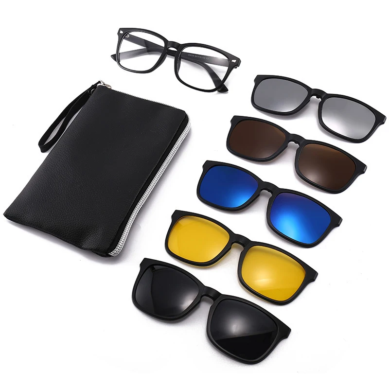 Polarized Sunglasses Mirror Night Vision Glasses 5 in 1 Magnetic Clip On Men Sunglasses