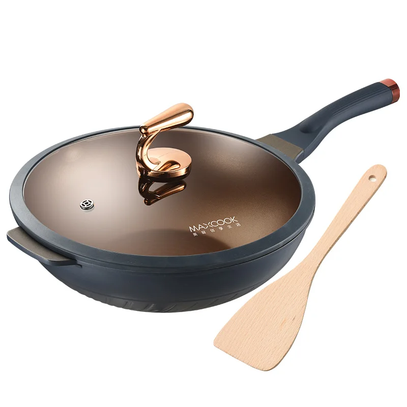 2024 Maxcook 32cm Titanium Kitchen Wok Non-stick  Aluminum Cookware Wok Pan With Lid Kitchen Wok