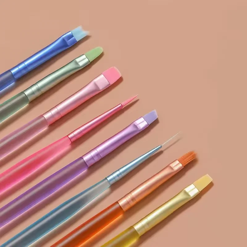 Custom OEM Nail Art Brushes Colorful Clear Crystal Handle 8PCS DIY Nail Brush With Lid