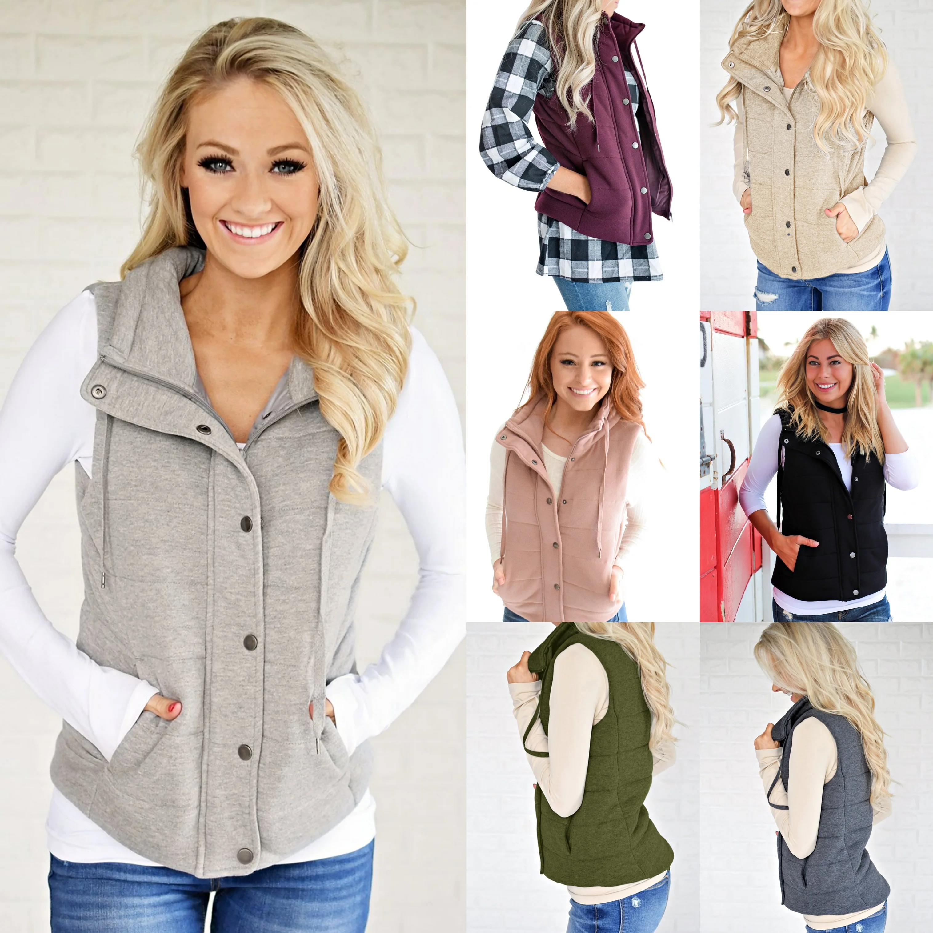 Low MOQ Autumn And Winter Sleeveless  Button Vest Coats Women Solid Color Waistcoat Jackets