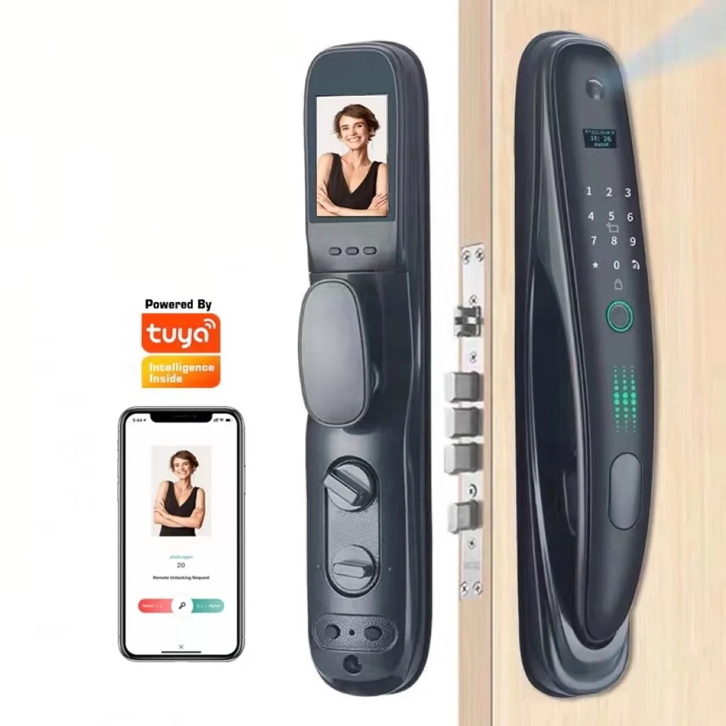 Новый безопаностью цифрового приложение Tuya Smart считыватель отпечатков пальцев Дверной замок с камерой cerradura inteligente засов