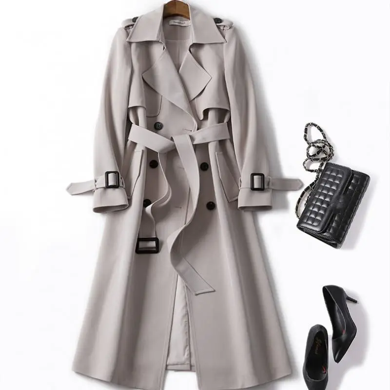 2024 Elegant Light Fashion Korean Style Mid-Length Trench Coat Women Waterproof Belted Overcoat Bow Collar Pattern Spring Autumn