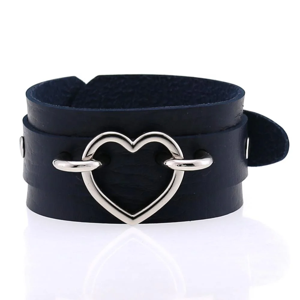 Punk Goth Double Layer PU Leather Wrist Bracelet Heart Buckle Anime Sexy Bondage Bangles