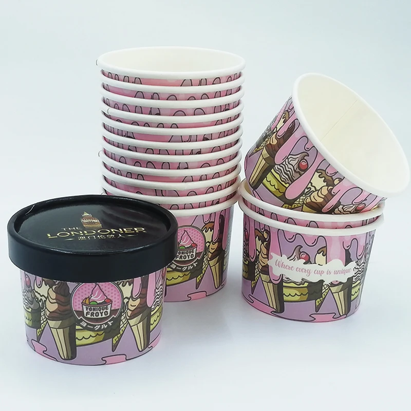 High quality 8oz 16oz Custom Logo Printed PLA Paper Frozen Yogurt Cup Ice Cream Paper Cup with Paper Lid