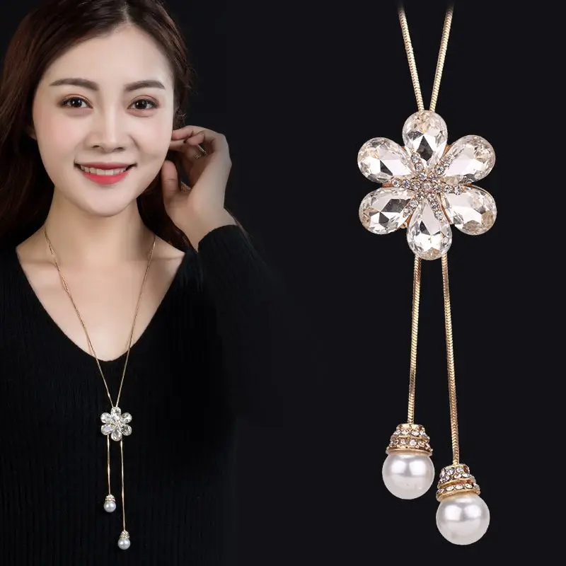 MX05 Hot sell wholesale Korean New Style Snowflake Long Crystal Sweater long Necklace For Women