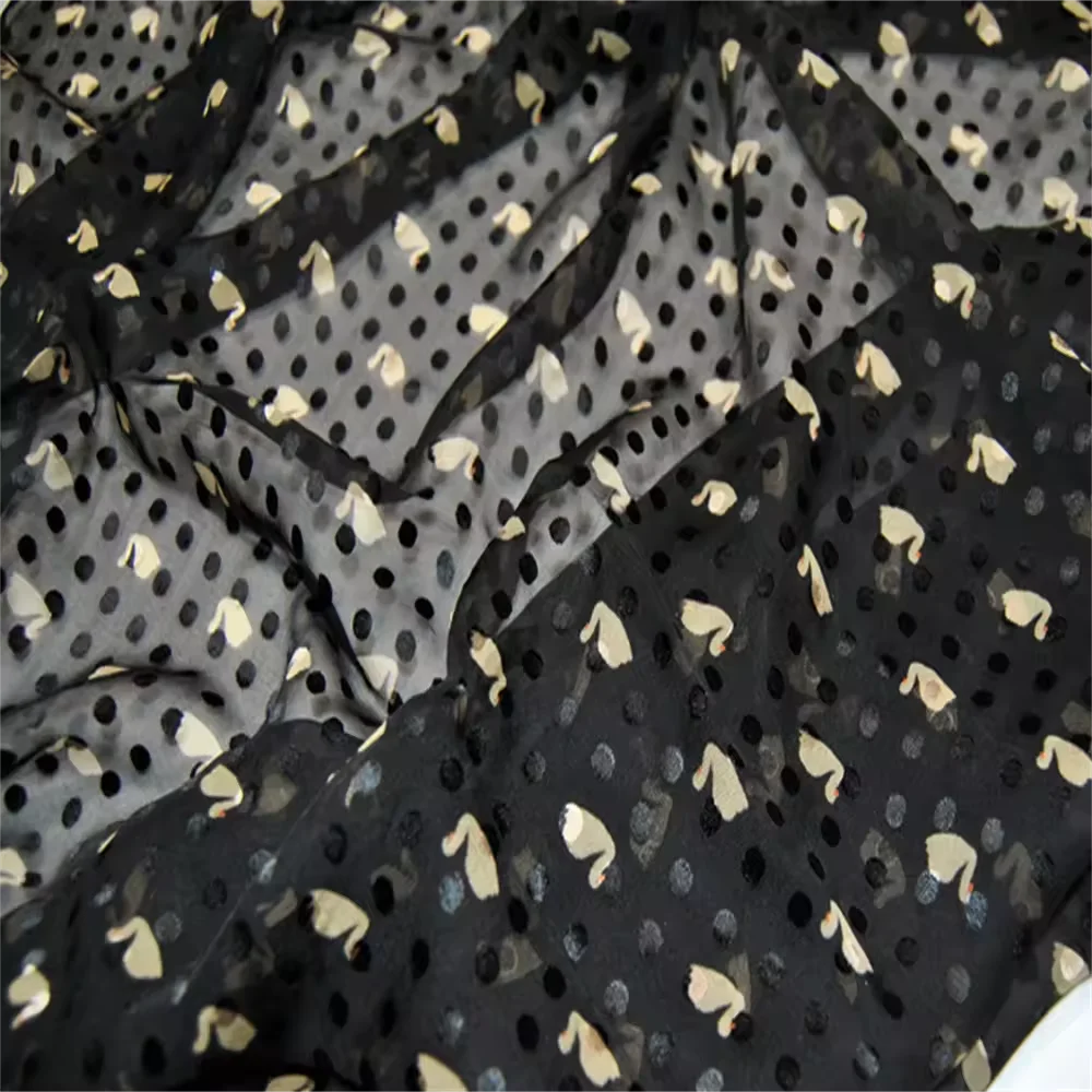 Good Quality Cheap Price Lovely Duck Design Black Dots Ground Silk Burn Out Fabric for Women Nice Shirt