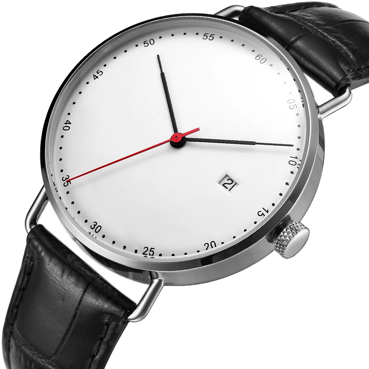 watch automatic bauhaus design stainless steel case domed sapphire crystal genuine leather strap