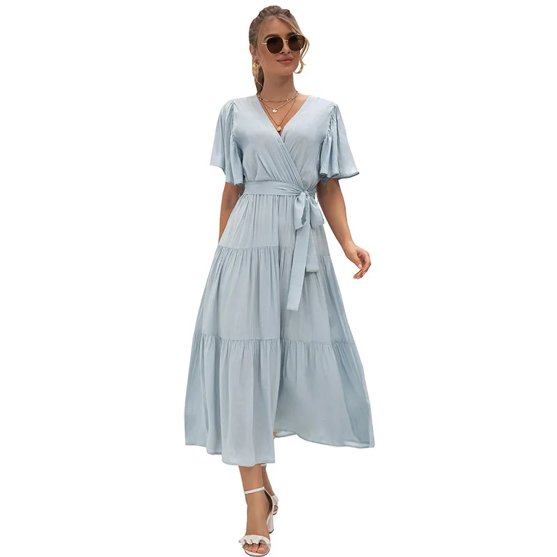 MOTE-ZC27 Wholesale Short Sleeve Drawstring Ruffle Women Summer Long Dress Female Sexy Deep V Neck Beach Dresses